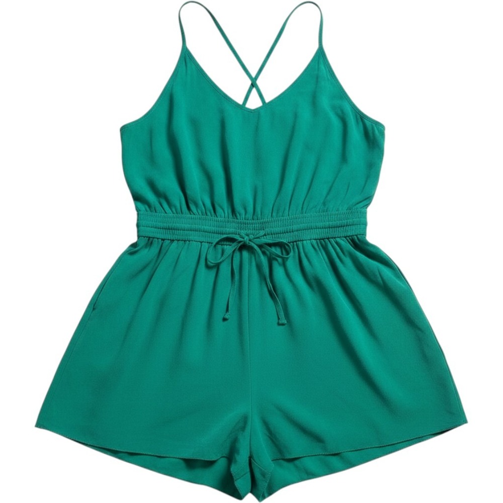 Wilfred Aritzia Emerald Green 100% Silk Romper Cross Back XS Pockets Summer